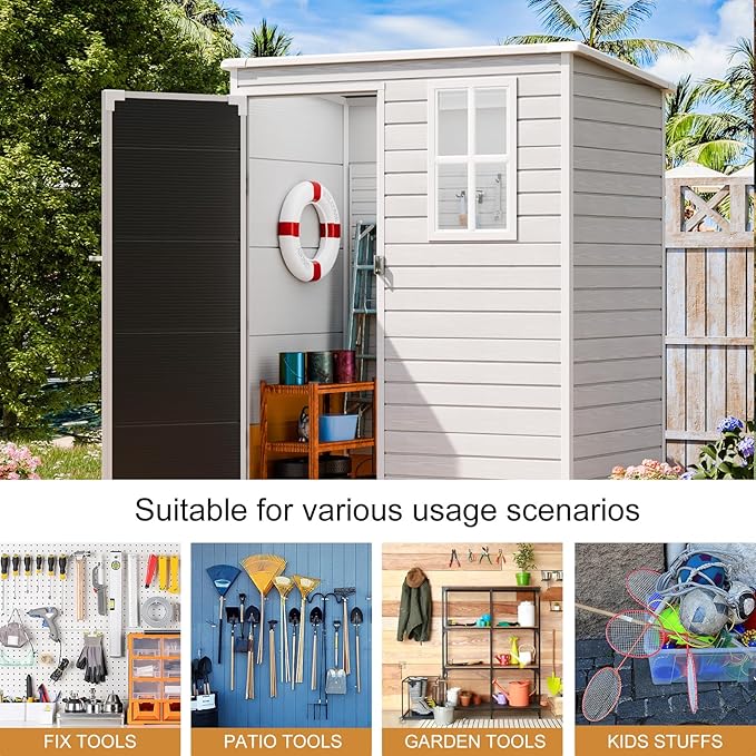 Outdoor Resin Storage Shed with Floor Included 5x3 FT, Waterproof Outside Sheds with Window Lockable Door, Plastic Sheds for Backyard Garden Patio Lawn Tools, Gray