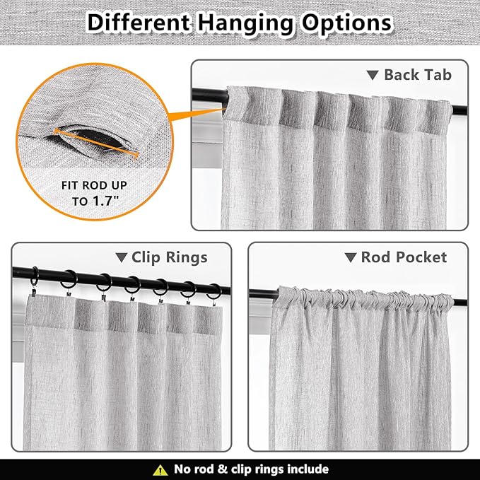 MYSKY HOME Short Curtains for Small Window, Boho Sheer Curtains 2 Panels Set Window Treatment Drapes Linen Style Texture for Closet/Kitchen, 50"x63", Light Grey, 2 PCs