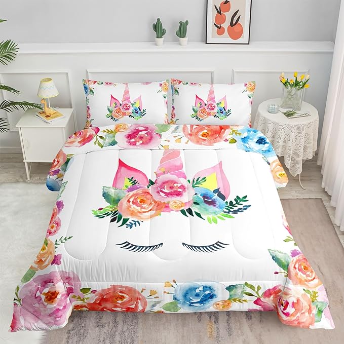 Datura home Unicorn Floral Watercolor Flower Comforter Bedding Set for Girls Teens Adults,Colorful Lovely Roses Blooms Print Design Unicorn Bedding Set(Unicorn Full)