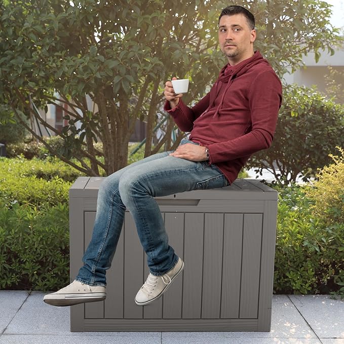 Modern-Depo 31 Gallon Waterproof Storage Deck Box Patio Furniture Organization Container with Lockable Lid, PP Outdoor Side Table for Garden, Yard, Poolside, Gray