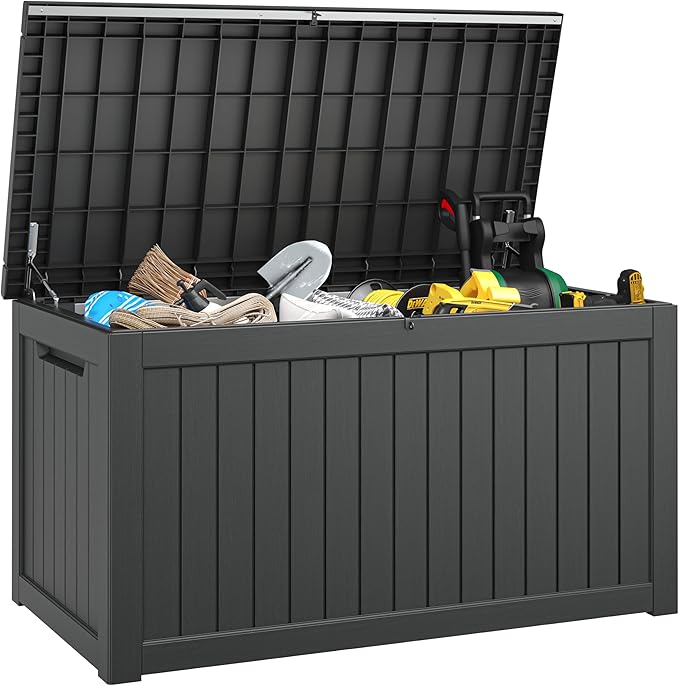 230 Gallon Outdoor Storage Box, Deck Box Resin Waterproof and UV Resistant Lightweight Deck Box for Garden Tools, Pool Supplies Organization