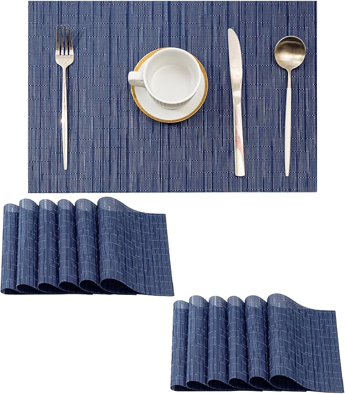 Leetaltree Blue Placemats Set of 12 - Heat Resistant Non-Slip Place mats for Dining Table, Washable Durable PVC Vinyl Woven Table Mats（Blue, 12）