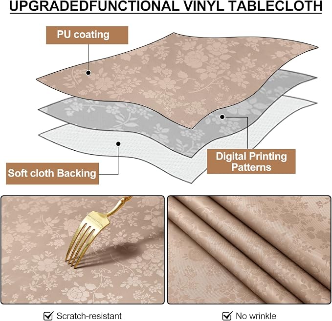 Smiry Rectangle Waterproof Heavy Duty Vinyl Tablecloths, 60 x 84 Inch | Wipeable Washable Floral Embossed Table Cover for Kitchen and Dining Room, Indoor & Outdoor Use, Khaki