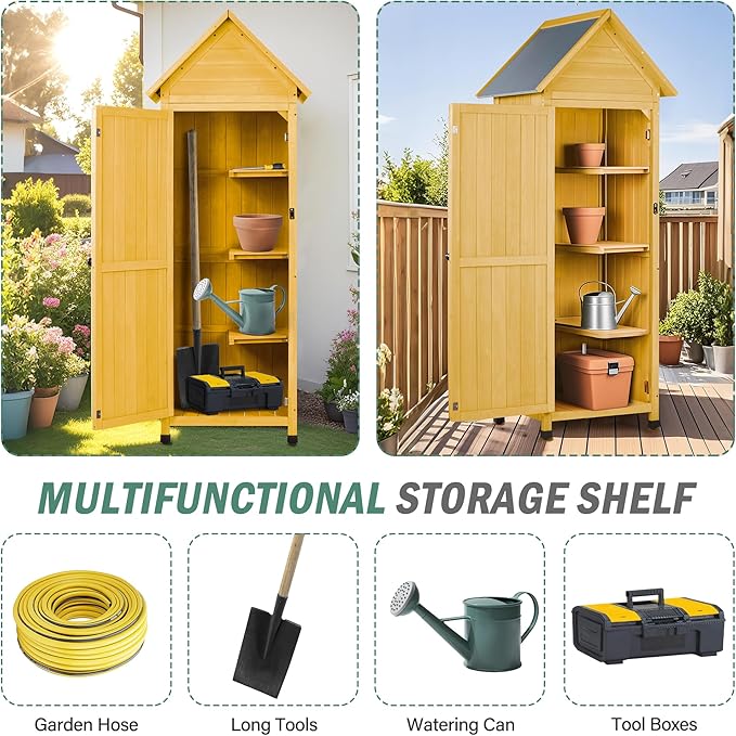 Wooden Outdoor Storage Cabinet,Tall Vertical Garden Tool Shed with Waterproof Metal Roof & Adjustable Feet – Perfect for Yard, Patio, Lawn & Deck (Yellow, 22" x 26" x 67")