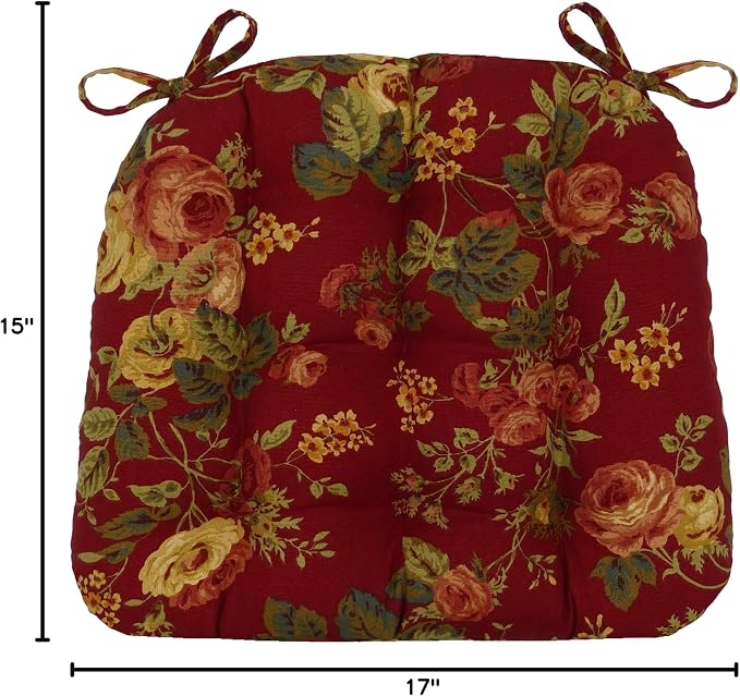 Barnett Home Decor Dining Chair Pad with Ties Bethany Red Floral - Size Small 15 x 17 Chair Cushion - Latex Foam Fill - Tufted Seat Cushion