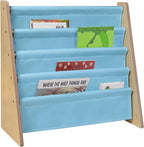 Wildkin Kids Canvas Sling Bookshelf for Boys and Girls, Wooden Design Features Four Fabric Shelves, Keep Bedrooms, Playrooms, and Classrooms Organized, an Ideal Kids Bookshelf (Natural w/Aqua)