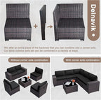 Patio Furniture Set Sofa 6-Pieces Wicker Sectional Sofa Set, Outdoor Furniture Rattan Patio Conversation Set with Thickened Cushion and Glass Coffee Table, Black