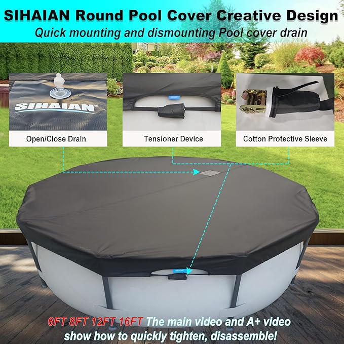 21 Ft Pool Cover, with Automatic Drain Round Pool Cover, One-Piece Quick Installation and Removal Above Ground Pool Cover, Preventing Waterlogging, UV Protected Solar Swimming Pool Cover