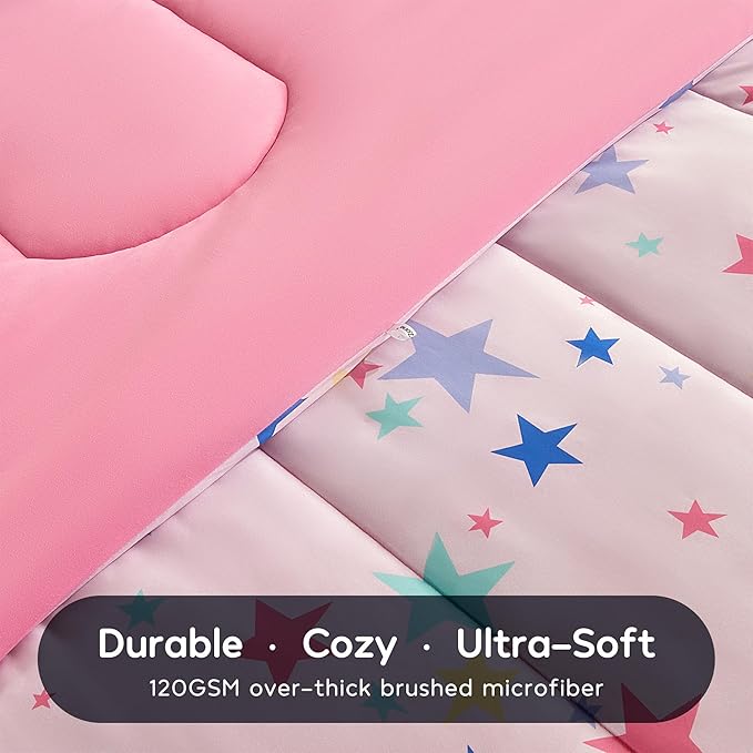 SLEEP ZONE Jersey Knit Pink Comforter Set Twin Size, Breathable & Soft Kids Bedding Set 2-Piece with Comforter, Pillowcase (Colorful Stars, Twin)
