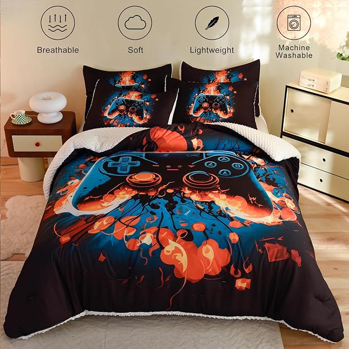 Video Game Twin Size Comforter Set for Boys Kids Teens Gamepad Gaming Controller and Fire Pattern Bedding Set- 3 Piece Quilt with 2 Pillowcases (68"x90")