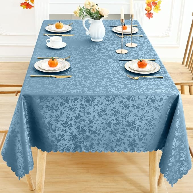 Smiry Rectangle Waterproof Heavy Duty Vinyl Tablecloths, 52 x 70 Inch | Wipeable Washable Floral Embossed Table Cover for Kitchen and Dining Room, Indoor & Outdoor Use, Stone Blue