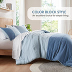 Blue Full/Queen Comforter Set - Modern Soft Farmhouse Comforter Sets for Men, Masculine Colorblock Pattern Bedding Set for All Season, 3 Pieces includes 1 Comforter, 2 Shams (90"x 90")