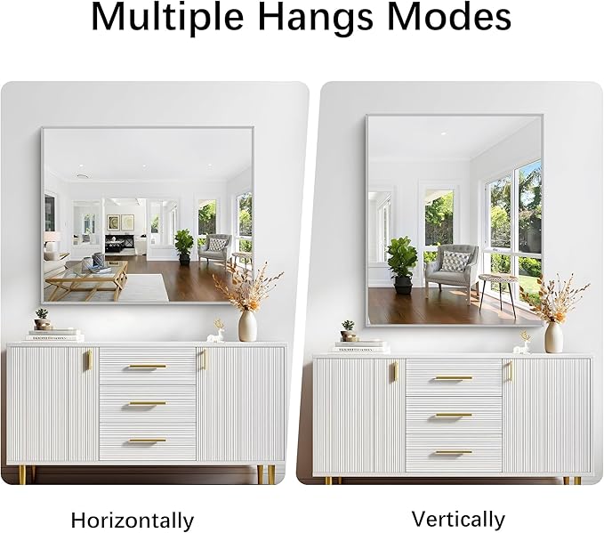 Silver Bathroom Mirror for Wall, 30x36 Inch Rectangle with Metal Frame, Modern Vanity for Bathroom Living Room, Entryway Hangs Horizontal or Vertical