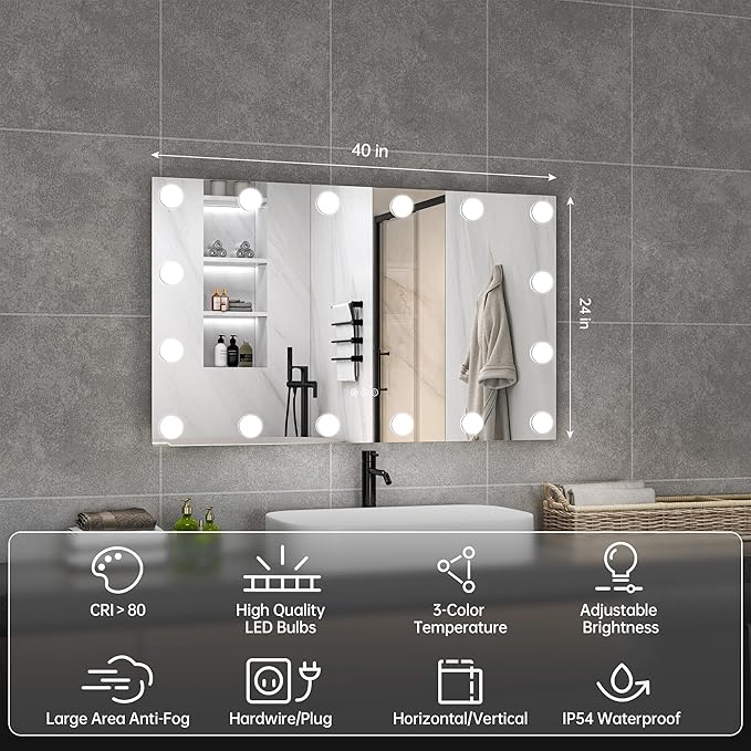 Hasipu LED Bathroom Mirror with Lights, 40" x 24" Hollywood Wall-Mounted Bathroom Mirror with 16 Dimmable Bulbs, 3 Colors Modes, Touch Control, Anti-Fog, Memory Function, Shatter-Proof, ETL Listed