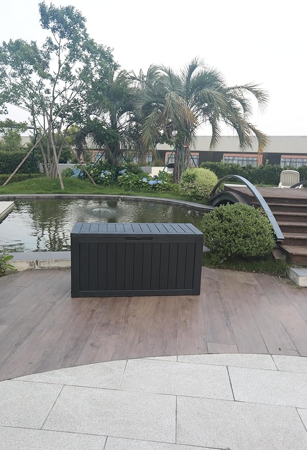 BTEXPERT 75 Gallon Resin Deck Box, Outdoor Storage Container for Patio Furniture Garden Tools Cushions Pool Sports Equipment Waterproof Lockable Stainless Steel insert UV Resistant Set of 2