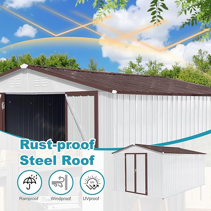 Sheds & Outdoor Storage 12 ft × 10 ft Storage Shed Large Classic Apex Roof Metal Garden Storage Sheds with Hinged Door Tool Cabinet for Backyard, Patio, Poolside, White + Coffee