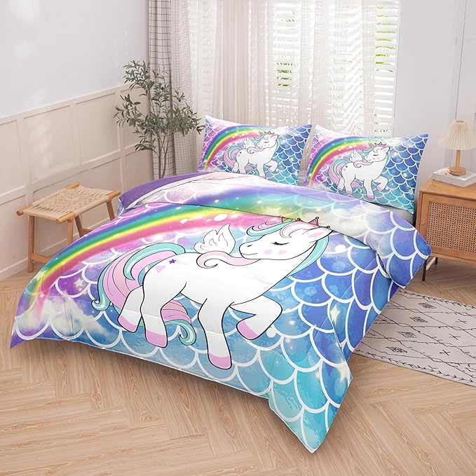 Tailor Shop Unicorn Comforter Sets Queen Size,Blue Unicorn Bedding Sets for Girls Kids Teens with 2 Pillowcase……