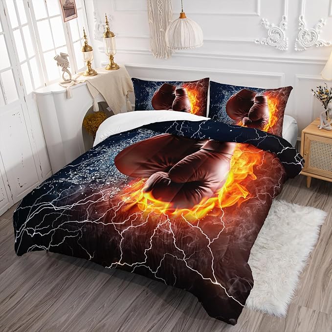Axolotl Boxing Bedding Set Full,Sports Theme Comforter Set Boxing Gloves Pattern Bedding Set,Red Blue Cool Lightning Comforter Pugilism Games Bedding Set for Kids Boys Teens Men,1 Quilt 2 Pillowcases