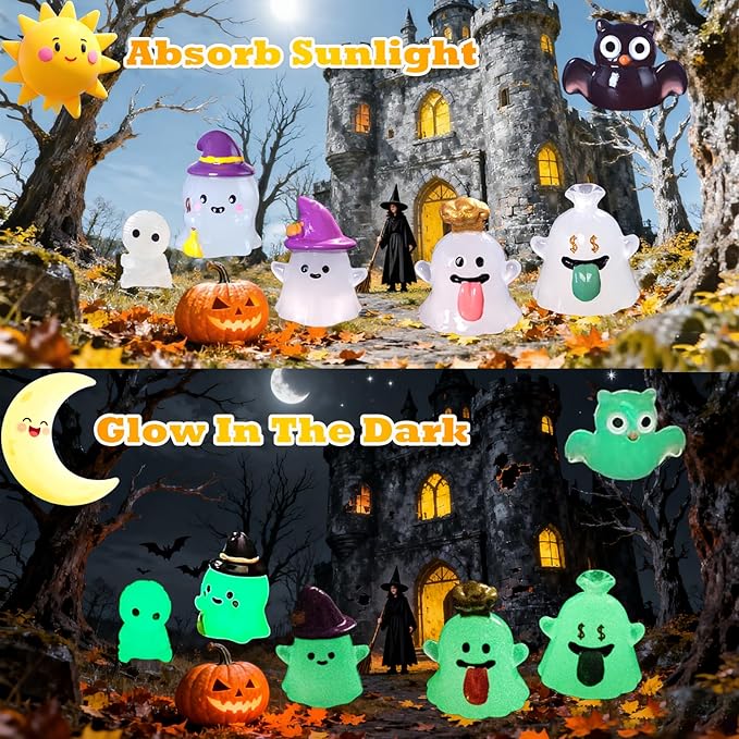 Mini Halloween Figurines 30 PCS, Luminous Halloween Miniatures Bulk for Decor, Mini Resin Animals Variety Pack to Hide, Pumpkin Ghost Owl for Party Favors Bag Fillers Garden Decor, Gifts