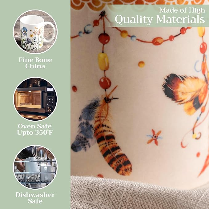 Maison d' Hermine Coffee Mug with Handles Tea Cups (12 Ounce, Pack of 1) | Fine Bone China Coffee Mugs for Hot Beverages Cappuccino Latte Home Restaurant Hotel Spring Summer -Ibiza - Beige - Feather