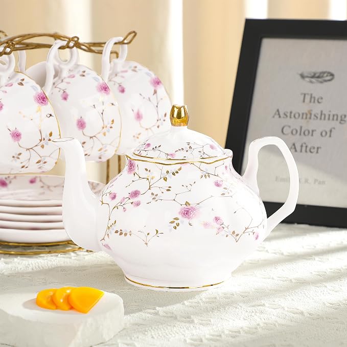fanquare 21-Piece Gold Vine Floral Porcelain Tea Sets with Sugar Bowl Creamer Teacups, English Bone China Tea Service for Women TeaParty Family Gathering Home Décor | Porcelain Tea Service with Sugar Bowl Creamer Teacups for Women TeaParty Family Gathe...