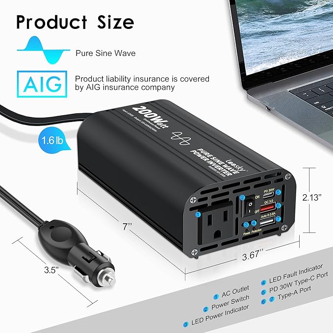 Pure Sine Wave Car Inverter 200 Watt 12V DC to 110V 120V AC Car Power Inverter Converter with 30W PD USB-C & QC3.0 USB-A Fast Charging for Vehicle Truck RV by Leesky