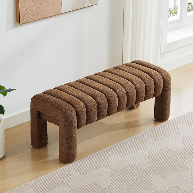 43.3" Bedroom Bench, Upholstered Entryway Bench, Modern End of Bed Ottoman with Solid Wood Legs and Adjustable Foot Pegs for Entryway, Dining Room and Living Room (Brown Boucle)