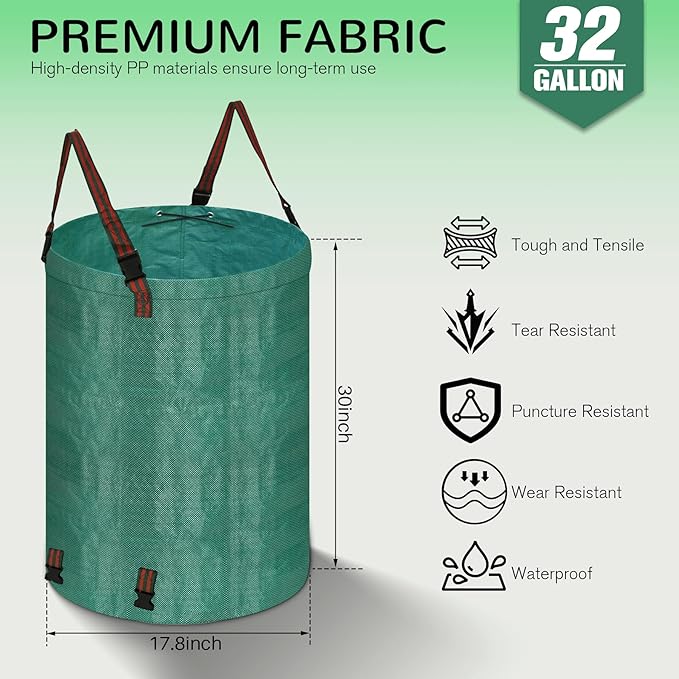 Leaf Collector Bag with Lid, Shoulder Strap, and Drawstring – Reusable Yard Garden Bag for Leaves and Lawn Trash, Perfect for Leaf Removal, Yard Clean-Up (Without lid, 32 Gallon)