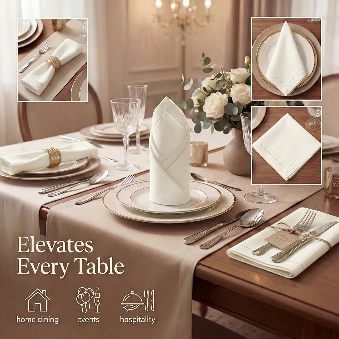 Urban Villa Hemstitch Cloth Dinner Napkins Cotton 20”x20” (Set of 12)-Ivory