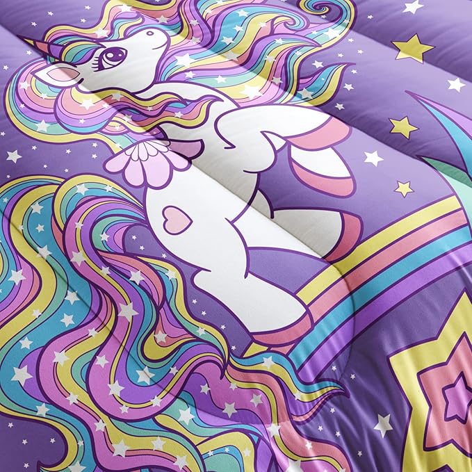 Unicorn Comforter Full Size,Rainbow Unicorn Comforter Set for Kids Teens Girls,3Pcs Bedding Set Printed Comforter with 2 Pillowcases,Down Alternative,Soft and Lightweight(Purple，Full Size)