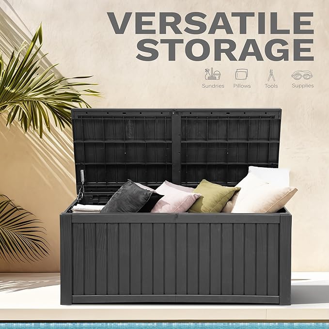 DWVO 150 Gallon XL Deck Box with Divider & Lockable Lid, Waterproof Resin Outdoor Storage for Patio, Garden, Poolside, Cushions, Supplies & Sports Gear, Black