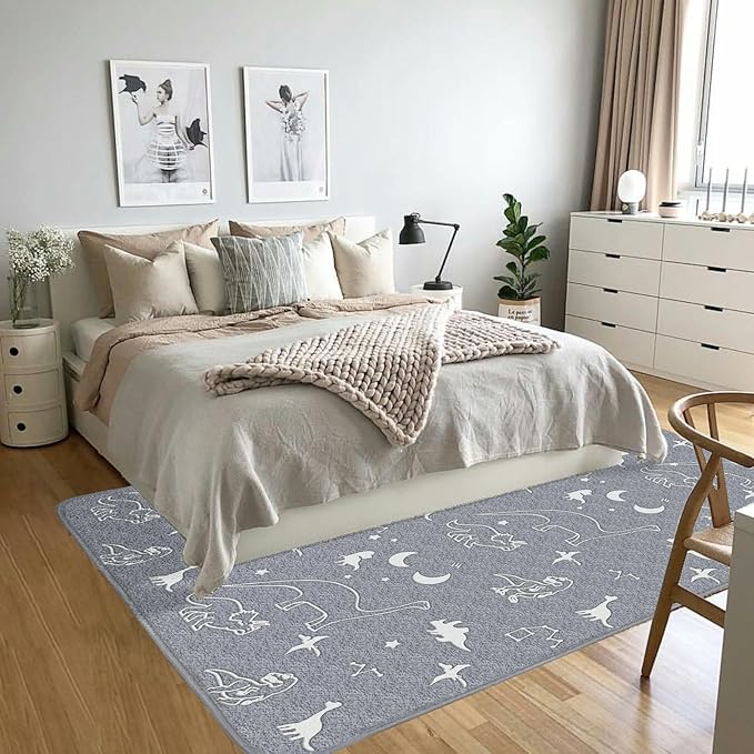 Eanpet Large Playroom Rug for Kids Glow in The Dark Dino Area Rugs for Boys Girls Toddlers Bedroom Decorative 5x7 Grey Play Mat for Babies 1-3 Years