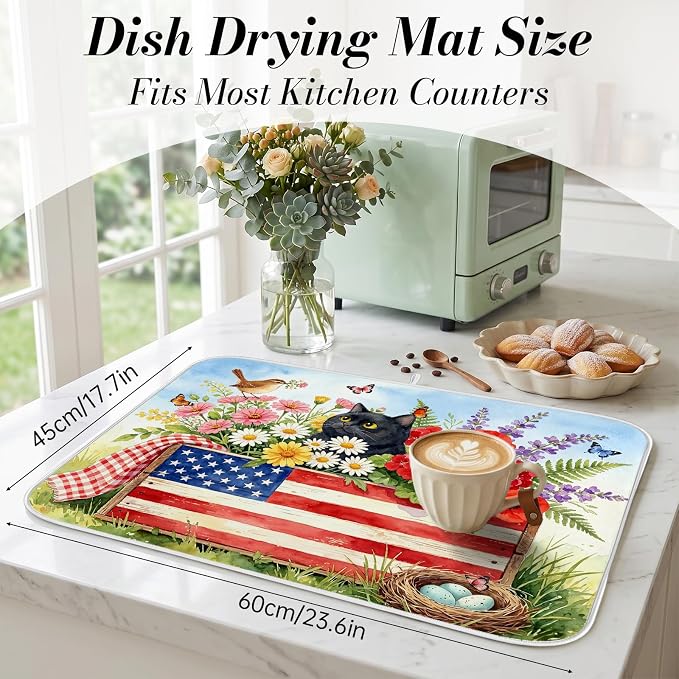 Patriotic Cats Dish Drying Mat for Kitchen Counter Coffee Bar 18x24 in | Decorative Non Slip Absorbent Kitchen Dishes Drainer Mat, with Anti-slip Rubber Backing & Hanging Loop, for Sink, Home Gift