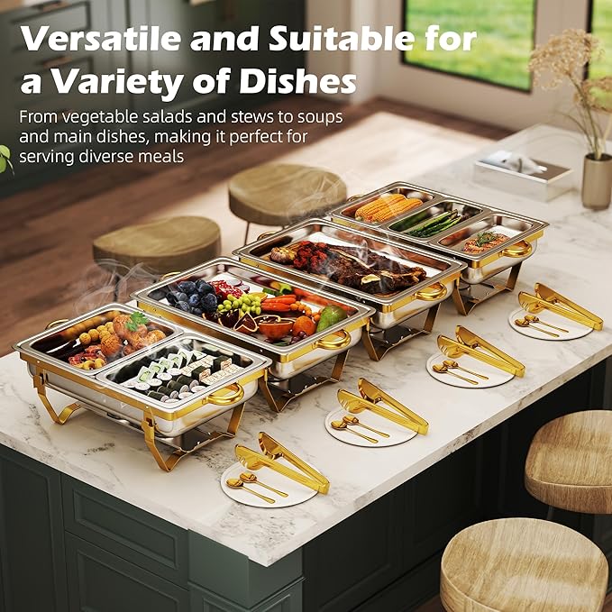 4 Pack Stainless Steel Chafing Dishes for Buffet, 9 QT Capacity 7 Pans Food Warmers for Parties, Weddings, Events Hosting, Family Gatherings, Full Set Catering Server with Serving Utensils Accessories