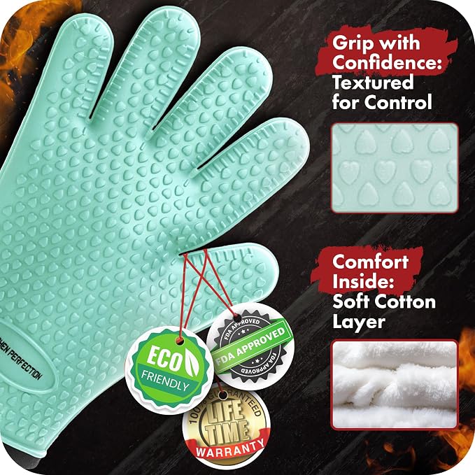 KITCHEN PERFECTION S Silicone Smoker BBQ Gloves - Heat Resistant Oven Mitts | Waterproof, 5-Finger Design For A Better Grip, for Pitmasters, Meat Smoking, Grilling, Cooking, Frying Turkey | Grill Gift
