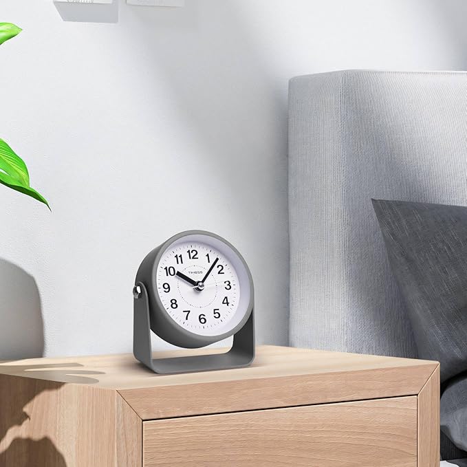 Analog Alarm Clock, Silent Non-Ticking Quartz Movement, Battery-Operated with Snooze & On-Demand Light, Easy to Set Gentle Wake Bedside Desk Clock, Ideal for Home, Travel, Office (Gray)