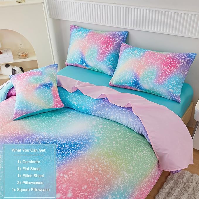 PERFEMET Pink Green Girls Twin Comforter Set, 6 Pieces Colorful Rainbow Kids Bedding Sets, Tie Dye Ombre Glitter Bed in A Bag Comforter Set with Sheets