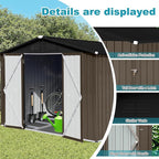 Storage Shed 8ft×6ft Classic Apex Roof Tool Shed Outdoor Storage Metal Garden Storage Sheds Tool Cabinet with Hinged Door Syste for Backyard, Patio, Poolside, Brown + Black