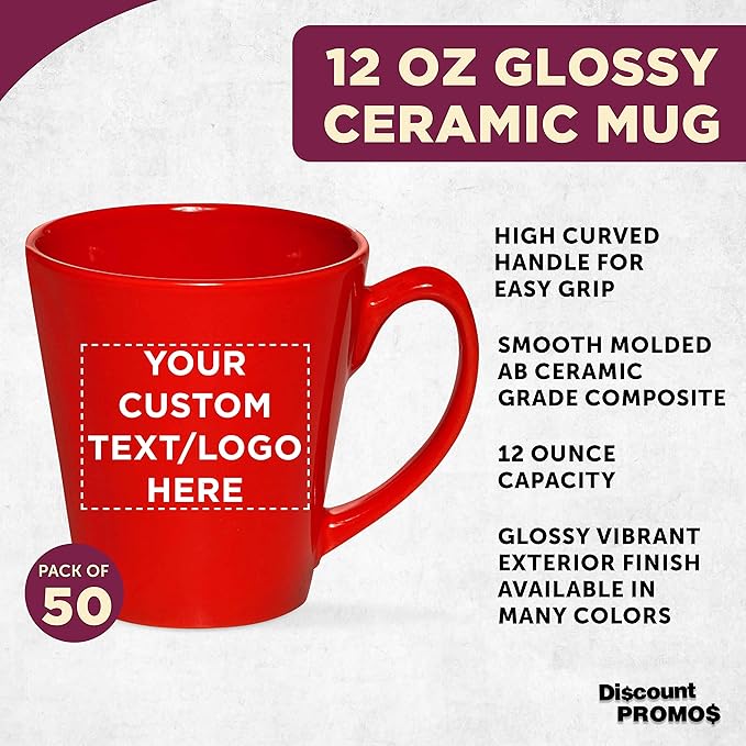 DISCOUNT PROMOS Custom Glossy Ceramic Latte Coffee Mug 12 oz. Set of 50, Personalized Bulk Pack - Perfect for Tea, Espresso, Cappuccino, Hot Cocoa - Red