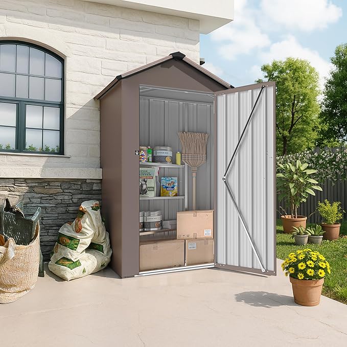 2.5x1.4 FT Heavy-Duty Brown Metal Storage Shed–Lockable Small Tool Shed with Adjustable Shelves Garden Sheds & Outdoor Storage, Tool Shed Outdoor Storage in Garden, Backyard, Patio, Poolside