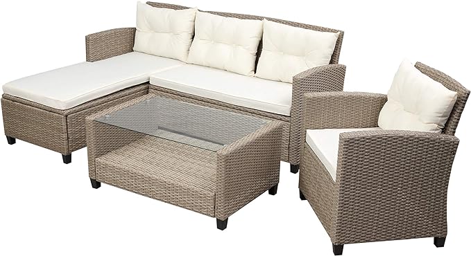 4 Piece Outdoor Patio Furniture Sets Wicker Rattan Conversation Sofa with Glass Table, Chaise Lounge and Chair for Garden Backyard, Onesize, Beige