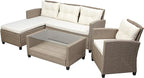 4 Piece Outdoor Patio Furniture Sets Wicker Rattan Conversation Sofa with Glass Table, Chaise Lounge and Chair for Garden Backyard, Onesize, Beige