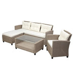 4PCS Patio Furniture Set, Outdoor Wicker Conversation Sectional L-Shaped Sofa with 4 Seater Thickness Coffee Table, for Backyard, Porch, Onesize, E-Beige Cushion+Brown Rattan