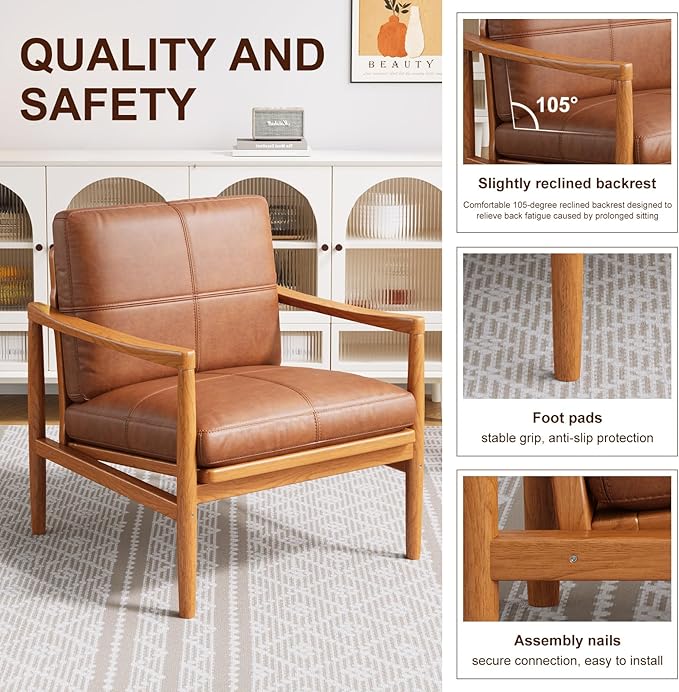Mid Century Modern Accent Chair Set of 2, Leather Accent Chair, Relaxing Armchair with Solid Wood Frame & Soft Cushion, Reading Leisure Chairs for Living Room