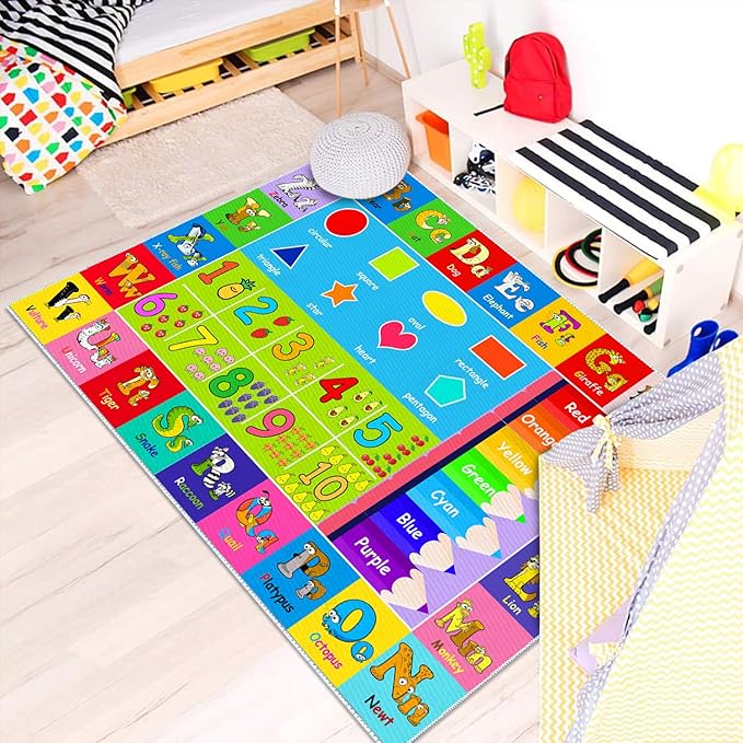 Kids Alphabet Play Game Rug - 2' 7" x 4' ABC Numbers and Shapes Educational Learning Toddler Carpet - Kids Room Playroom Classroom Kindergarten Activity Fun Soft Non-Slip Mat