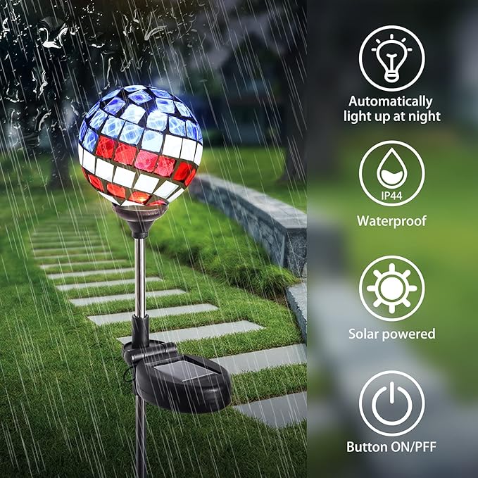 WNP Solar Powered Outdoor Garden Light Stakes Decoration, Mosaic Globe 4th of July Stake Solar Light for Patio Pathway Yard Decor, Waterproof Solar Glow Glass Ball Lights