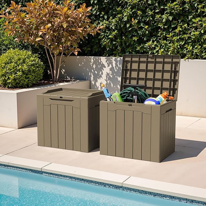 Greesum 31 Gallon Deck Box for Outside, All Weather Outdoor Storage Boxes for Patio Furniture Set, Package Delivery Box, Garden Tools, Light Coffee(Set of 2)