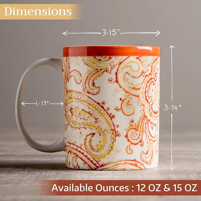 Maison d' Hermine Coffee Mug with Handles Tea Cups (12 Ounce, Pack of 1) | Fine Bone China Coffee Mugs for Hot Beverages Cappuccino Latte Home Hotel Spring Summer -Palatial Paisley - Paisley Autumn