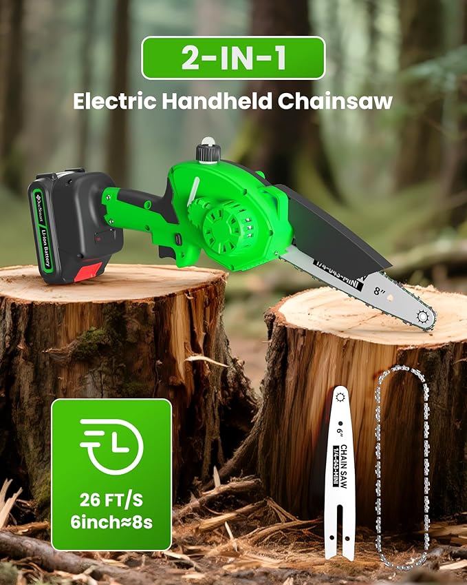 Mini Chainsaw Cordless, 8 inch & 6 inch Electric Chain Saw with 2 Pack Rechargeable Batteries, Battery Powered Handheld Saw for Trees Trimming Wood Cutting, Perfect Gardening Tools for Men Dad Husband