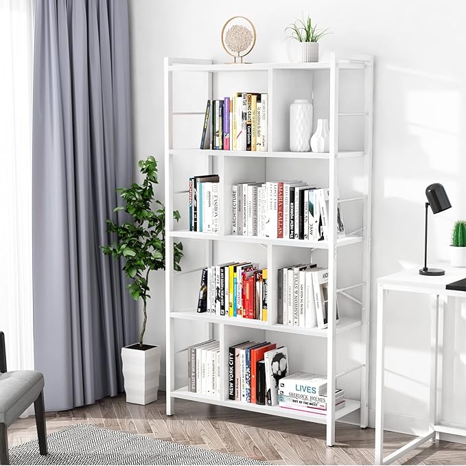 armocity White Bookshelf 5 Tier Tall Industrial Bookcase Wood Metal Frame Standing Book Shelf, Display Bookshelves Storage Organizer for Bedroom Living Room Home Office, White